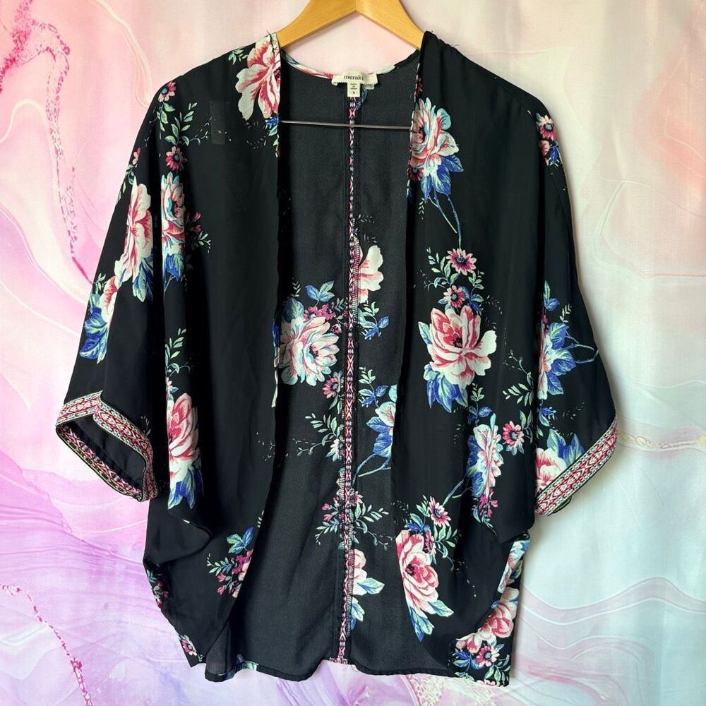 Meraki S Sheer Black Pink Floral Embroidered Kimono Boardwalk Preppy Boho Artsy